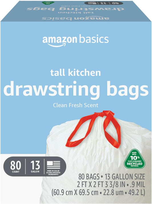 Basics 13 Gallon Tall Kitchen Drawstring Trash Bags, Fresh Scent, 10% Post-Consumer Recycled, 80 Count
