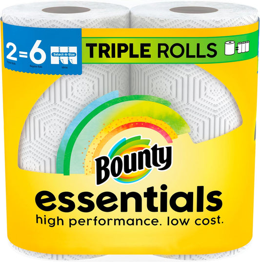 Bounty Essentials Select Size Paper Towels, White, 2 Rolls of 3 = 6 Regular Rolls